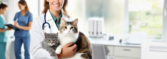 A Veterinarian woman holds cute cats. young kittens at doctors office,blurred white background.Copy space.Banner,advertisement.