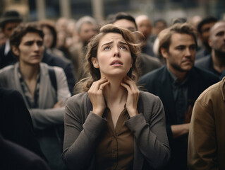 A woman having a panic attack in a crowd - obrazy, fototapety, plakaty