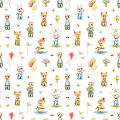 Seamless pattern with bright cute baby animals in clothes and various items isolated on white background. Watercolor hand drawn illustration sketch