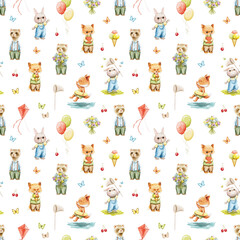 Fototapeta premium Seamless pattern with bright cute baby animals in clothes and various items isolated on white background. Watercolor hand drawn illustration sketch