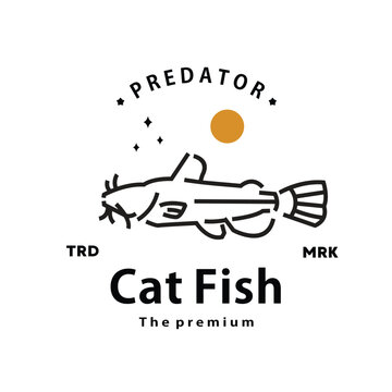 vintage retro hipster cat fish logo vector outline monoline art icon