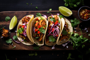 Spicy jackfruit tacos with avocado, cilantro, and lime, offering a burst of flavors and textures. - obrazy, fototapety, plakaty