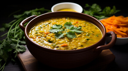 Vegan coconut curry lentil soup, rich in flavors and hearty ingredients.