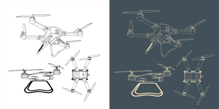 Vector drone or quadcopter line wireframe blueprint