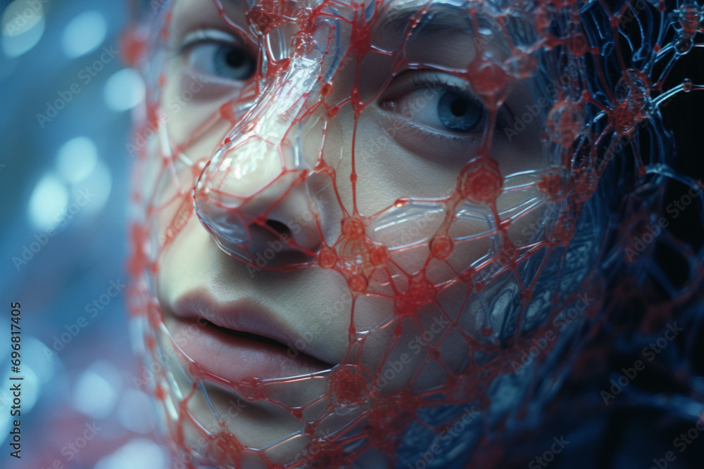 Leinwandbilder Close-up of a person surrounded by abstract neural connectivity patterns, illustrating the interconnected and collaborative nature of brain design.