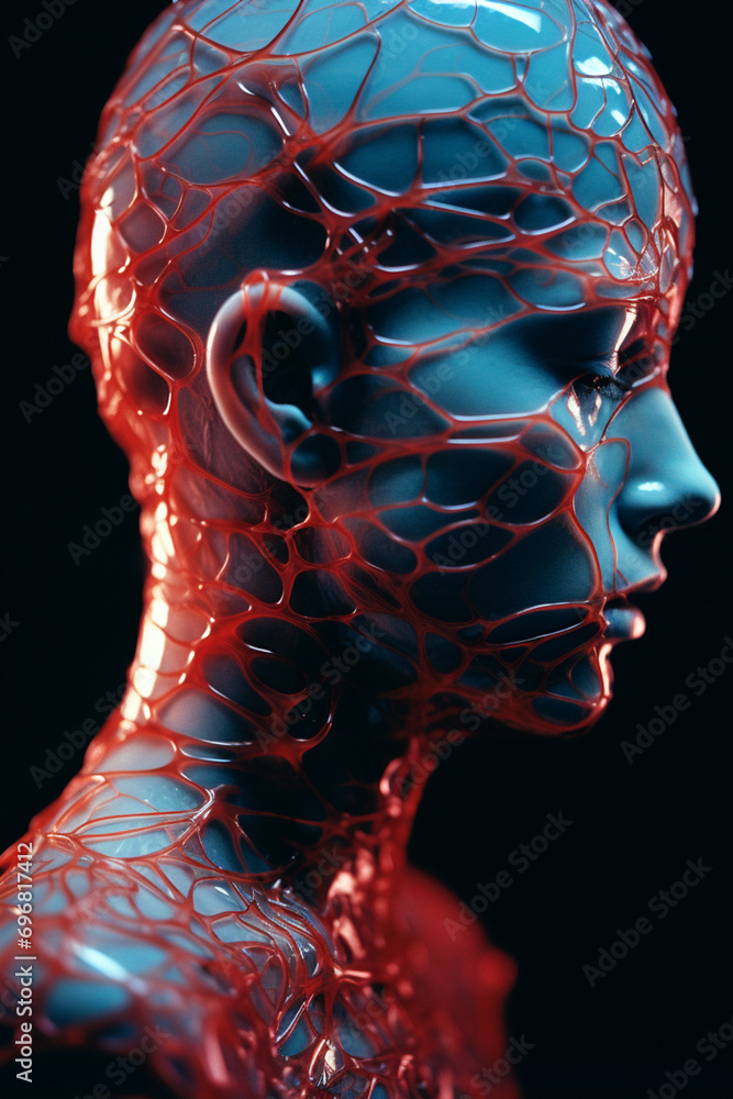 Poster abstract patterns inspired by cerebral circuitry enveloping a person, conveying the elevated and sop