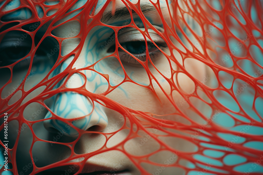 Aufkleber Close-up of a person amidst abstract cognitive connection patterns, illustrating the interconnected and collaborative nature of brain-inspired design.