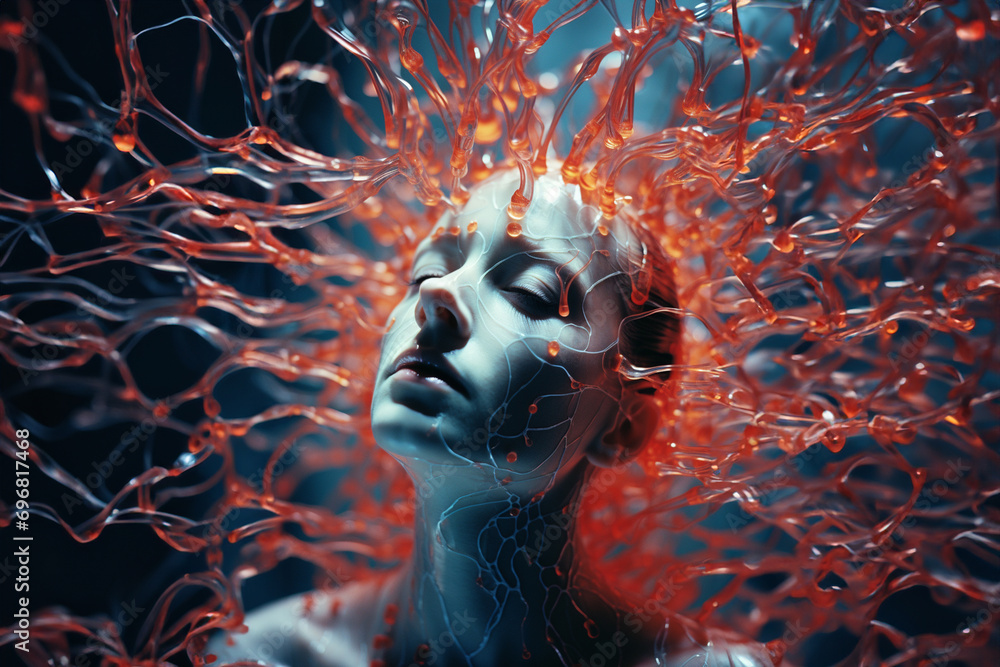 Aufkleber Close-up of a person amidst abstract cerebral connectivity patterns, illustrating the interconnected and collaborative nature of brain-inspired design. 3