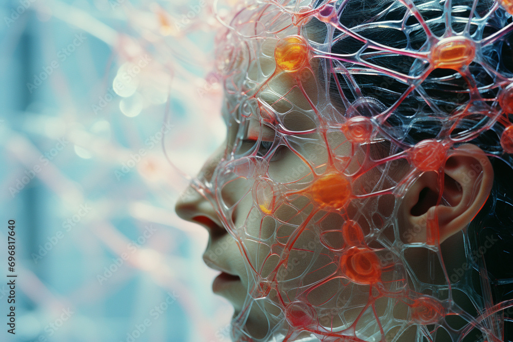 Poster close-up of a person on an odyssey amidst abstract cerebral connectivity patterns, illustrating the 