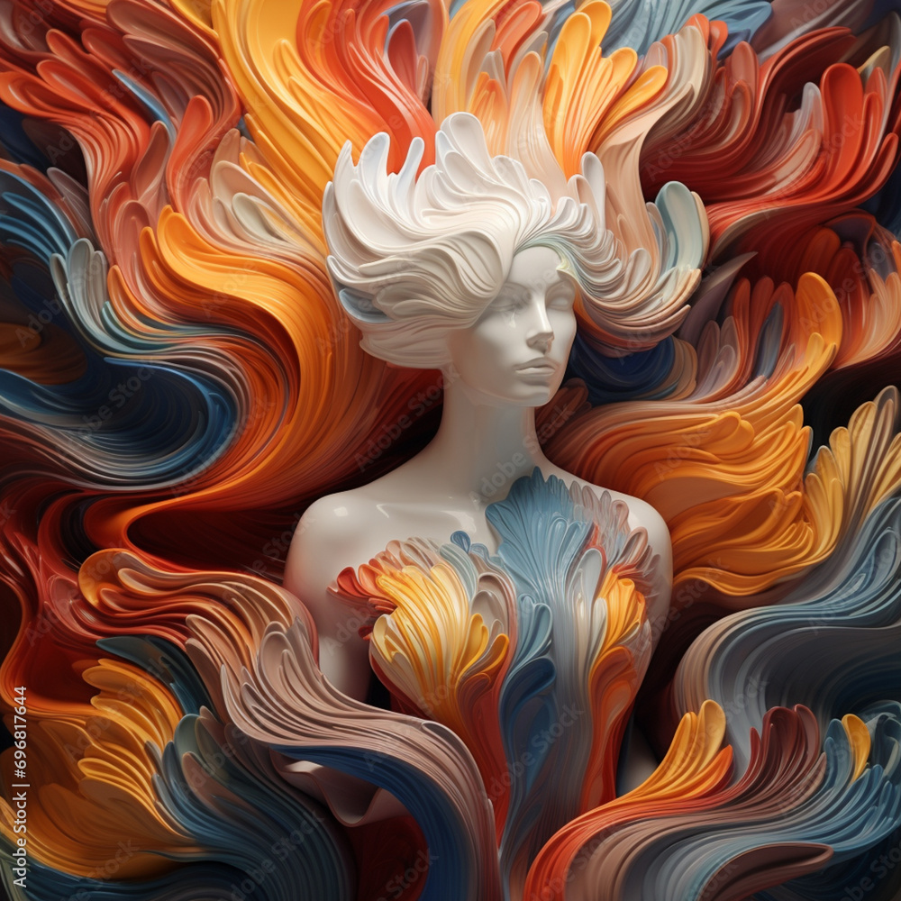 Leinwandbilder Abstract patterns resembling waves of cerebral creativity derived from brain scans enveloping a person in an exploratory pose, capturing the flowing and transformative essence of creative ideas.