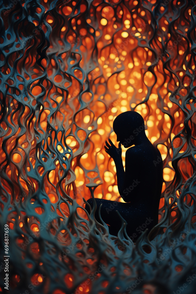Leinwandbilder Abstract patterns inspired by neuroaesthetics forming a symphony around a person in a meditative pose within abstract mindful design patterns derived from brain scans, symbolizing 
