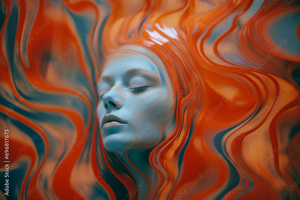 Fototapete Abstract patterns inspired by cognitive algorithms forming dynamic shapes around a person, illustrating the fluid and evolving nature of AI processes.