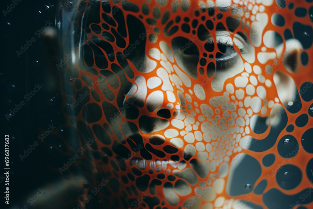 Aufkleber Abstract patterns inspired by cognitive algorithms forming dynamic shapes around a person, illustrating the fluid and evolving nature of AI processes.