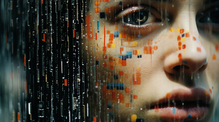 Close-up of a person surrounded by a cascade of abstract cognitive processing patterns, illustrating the flowing and abundant nature of AI computations. - obrazy, fototapety, plakaty