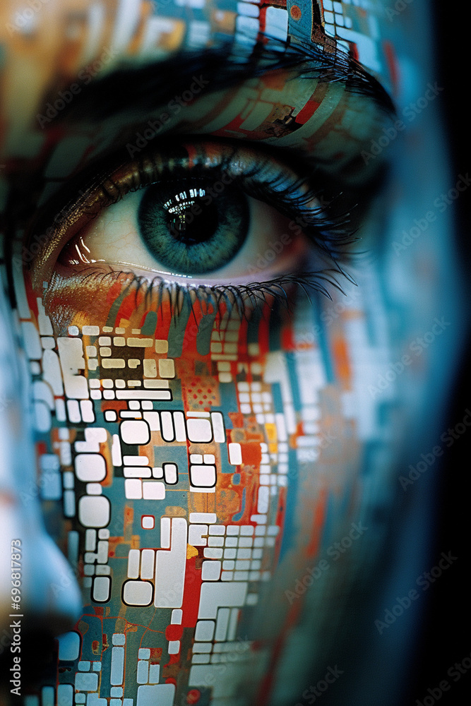 Aufkleber close-up of a person amidst abstract patterns inspired by innovative medical interfaces, illustratin