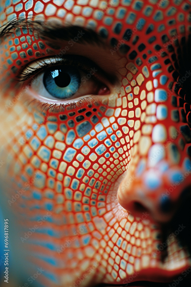 Aufkleber close-up of a person on an odyssey amidst abstract patterns inspired by medical technology, illustra
