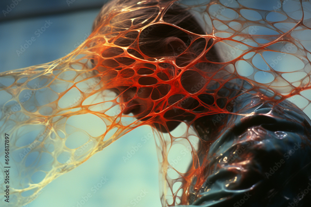 Poster A person engaged in an exploration of dynamic abstract patterns inspired by cerebral imaging, conveying the fluid and evolving nature of medical imaging processes.