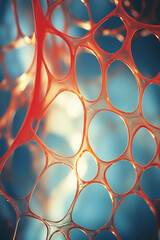 Abstract patterns inspired by medical technology forming an odyssey around a person, illustrating the collaborative and interconnected nature of advancements in healthcare.