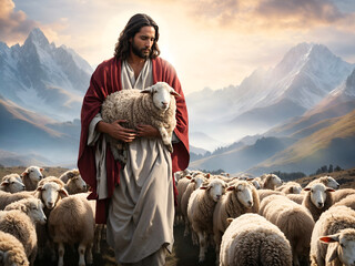 Jesus carrying a sheep in his arms. Biblical story theme concept. - obrazy, fototapety, plakaty