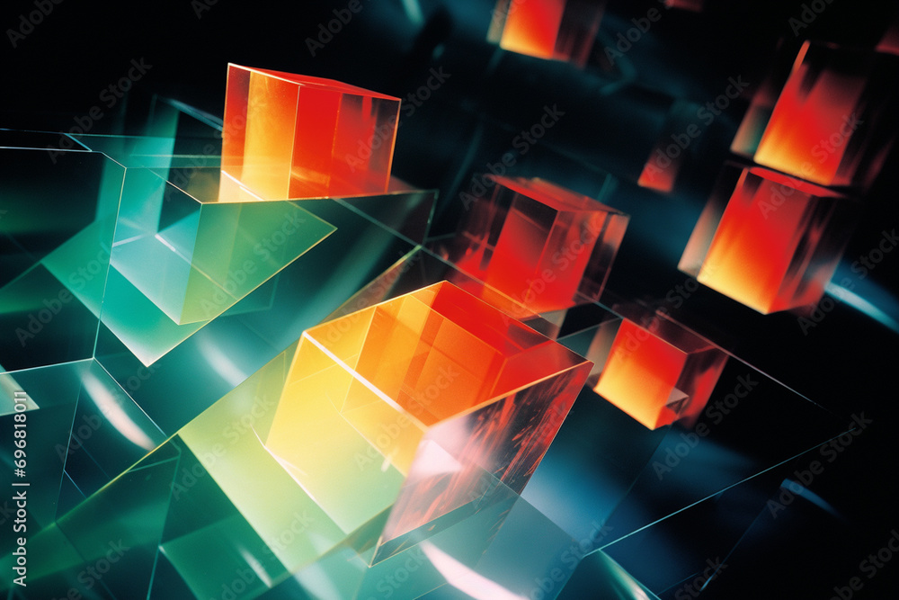 Poster vivid prismatic shapes morphing in 3d space, creating a visually enchanting and dynamic effect.