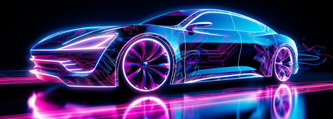 Car airbrushed in neon light, generative AI - obrazy, fototapety, plakaty