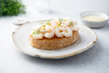 Traditional Scandinavian shrimp sandwich with egg and dill