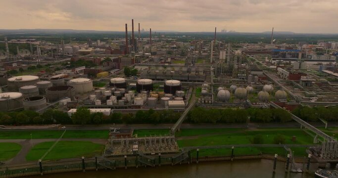 Aerial view heavy industry chemical park. Aerial view Dormagen production and manufacturing of different chemical products. Germany, Dusseldorf