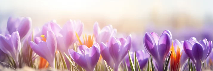 Wandcirkels aluminium Beautiful Nature Spring Background. First spring flowers. Floral template with blooming purple crocus flowers close-up on blur toned background. Wallpaper Web Banner  Copy Space for design, Panorama © Yulia