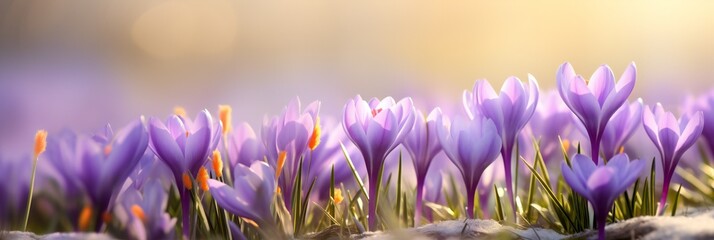 Beautiful Nature Spring Background. First spring flowers. Floral template with blooming purple...