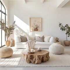 Minimal, modern, elegant, neutral, cozy and white bohemian, boho living room with a sofa and plants. soft earthy colors. Great as interior furniture decoration design inspiration.