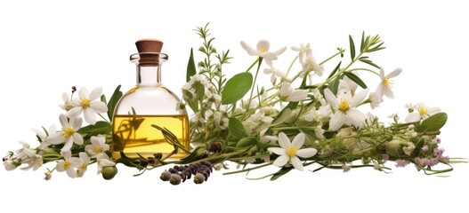 Organic essential oil with jasmine flowers and herbs on white. Aromatherapy and natural cosmetics.