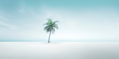 Fototapeta na wymiar One lonely palm tree on a white beach. Calm sae with mist. Tranquil seashore landcsape. Generative AI