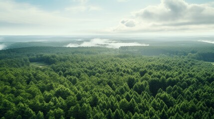 Fototapeta na wymiar Aerial view of a dense green forest with misty clouds hovering above the trees