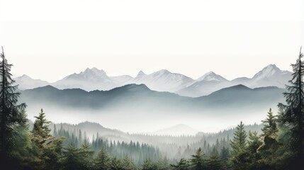 A serene landscape of misty mountains, forest trees silhouette, and foggy valleys