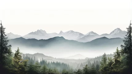 Gartenposter A serene landscape of misty mountains, forest trees silhouette, and foggy valleys © พงศ์พล วันดี