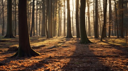 Sunlight filters through tall trees illuminating a forest floor covered in fallen leaves creating a serene and peaceful woodland