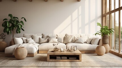 Fototapeta na wymiar Minimal, modern, elegant, neutral, cozy and white bohemian, boho living room with a sofa and plants. soft earthy colors. Great as interior furniture decoration design inspiration.