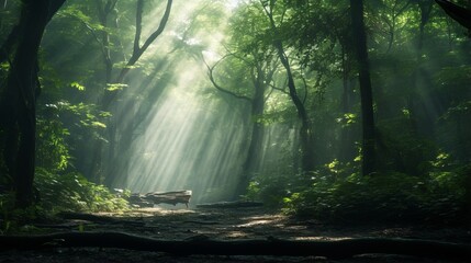 sunlight streaming through the trees illuminating a wooden bench surrounded by lush greenery and a peaceful atmosphere.