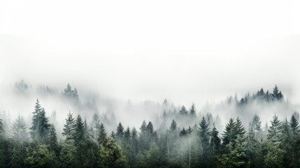 A misty forest with fog enveloping the trees creating a serene and mystical atmosphere - obrazy, fototapety, plakaty