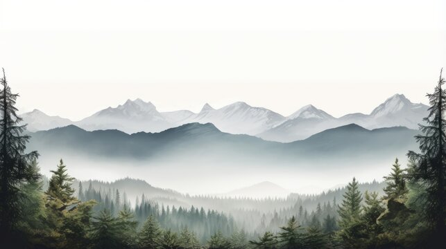 Fototapeta A serene landscape of misty mountains, forest trees silhouette, and foggy valleys