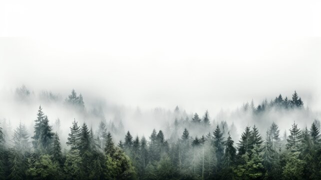 Fototapeta A misty forest with fog enveloping the trees creating a serene and mystical atmosphere