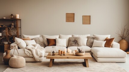 Fototapeta premium Minimal, modern, elegant, neutral, cozy and white bohemian, boho living room with a sofa and plants. soft earthy colors. Great as interior furniture decoration design inspiration.