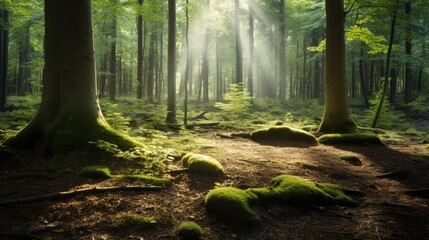Sunlight filters through tall trees illuminating the green mossy forest floor creating a serene and magical woodland atmosphere.