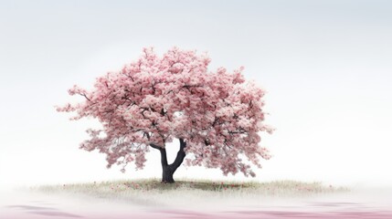 Naklejka premium landscape featuring a blossoming cherry tree with pink flowers near a calm reflective water surface surrounded by grass and small flowers
