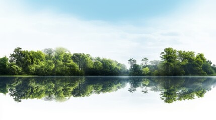 Fototapeta premium ake surrounded by lush green trees under a clear sky, perfectly reflecting the landscape creating a symmetrical visual effect.