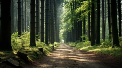 forest path surrounded by tall trees with sunlight filtering through the leaves creating a peaceful and mystical atmosphere