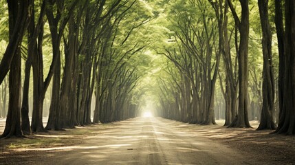 Fototapeta premium tree-lined path in a forest with sunlight filtering through the branches creating a peaceful and tranquil environment.