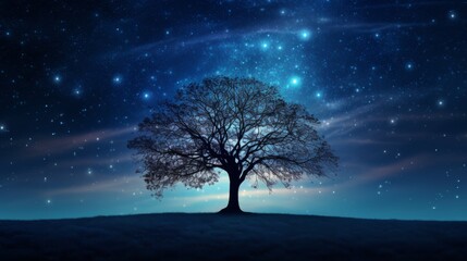 lone tree under a starry night sky represents solitude, mystery, and the beauty of nature contrasting the cosmos