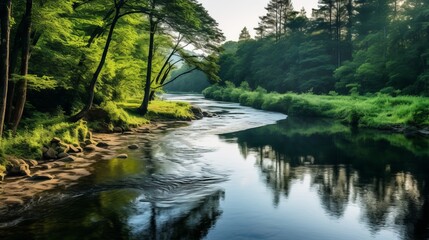 river flows through a lush green forest under the soft light of morning, reflecting the surrounding nature’s beauty.