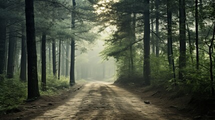  forest path surrounded by tall trees, with mist and sunlight creating a mystical atmosphere